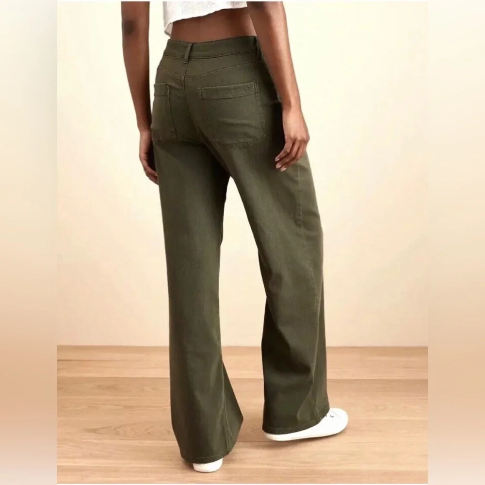 New American Eagle Super High Rise Baggy Wide Leg Jeans Olive Green 16 Short - Picture 2 of 7